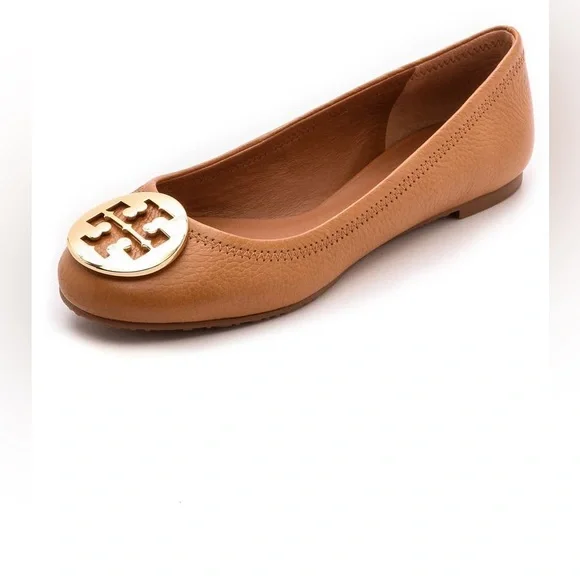 Tory Burch Reva Brown Tumbled Leather Gold Logo Ballet Style Flat Shoes | Sz 7 - Picture 1 of 7